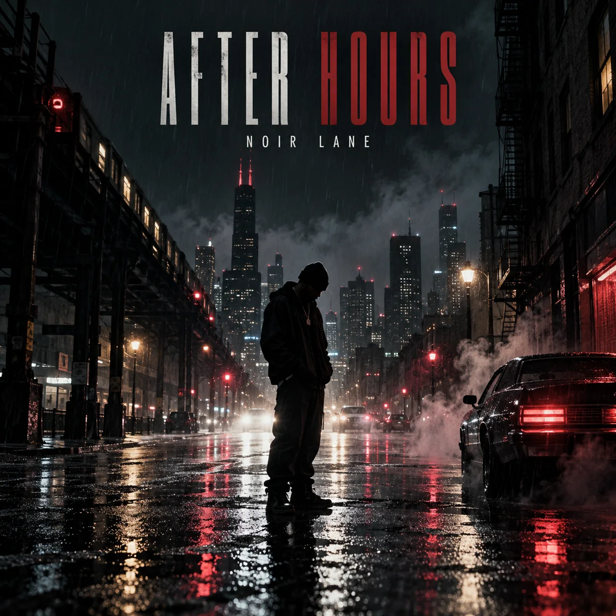 Dark cinematic album cover with a solitary figure on a rainy city street