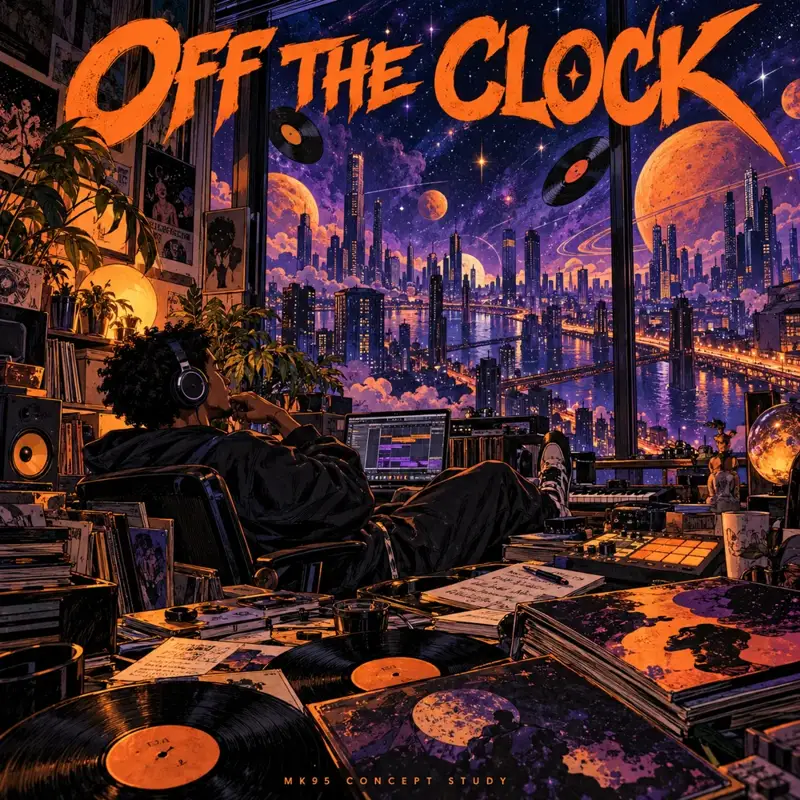 Concept cover of a music producer at a desk overlooking a cosmic night city