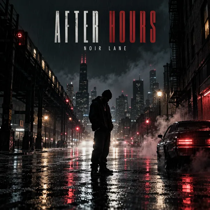 Dark cinematic album cover with a solitary figure on a rainy city street