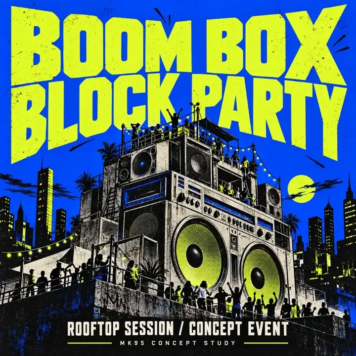 Concept concert poster with a rooftop boombox scene in cobalt blue and green