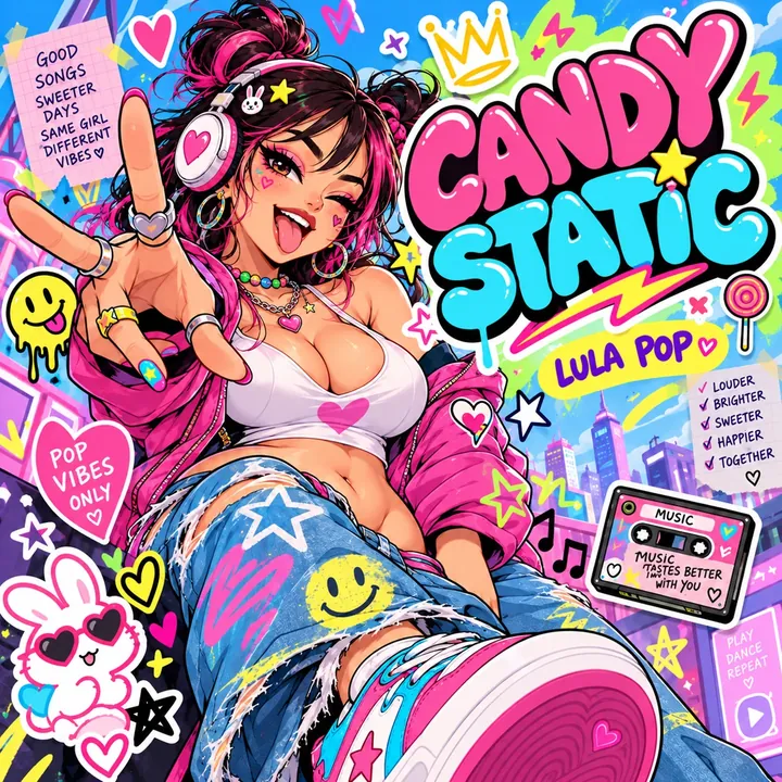 Colorful pop-art album cover with illustrated artist and pink and cyan bubble lettering