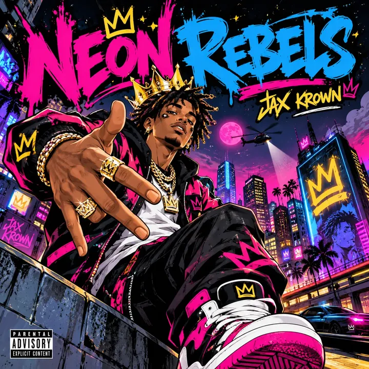 Vibrant cartoon hip-hop cover with oversized lettering and pink and blue neon