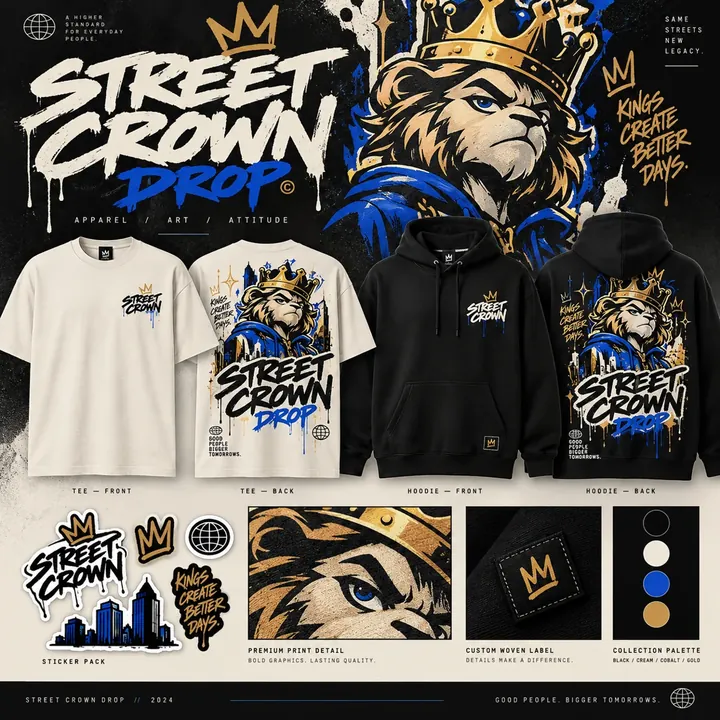 Apparel presentation featuring a lion graphic on T-shirt and hoodie mockups